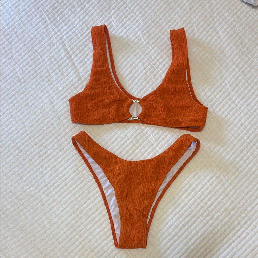 Orange Textured Ring-Front Bikini Set - Women